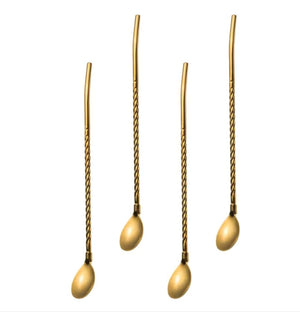 Premium Gold Stainless Steel Long Handle Mixing Spoons – Set of 4 Twisted Barista Coffee & Cocktail Stirrers