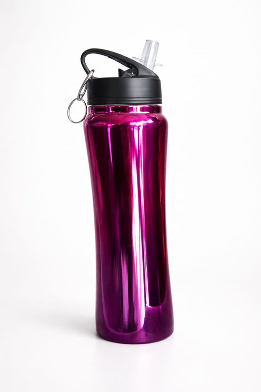“Stainless Steel Sports Water Bottle with Straw & Carabiner – 750ml Pink Metal Sipper for Gym, Travel, School & Office”