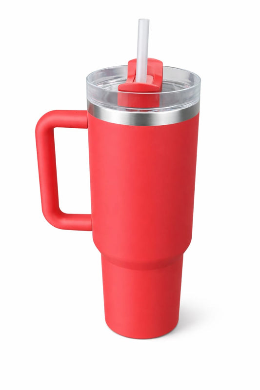 “Large Insulated Stainless Steel Travel Tumbler with Handle & Straw – Red Leak‑Proof Coffee Mug for Hot & Cold Drinks, Car Cup Holder & Office Use”
