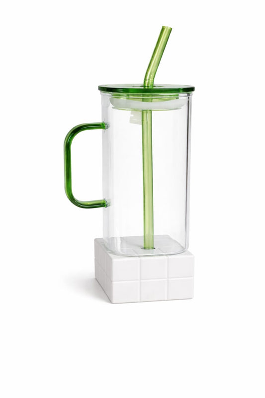 “Clear Acrylic Tumbler with Handle & Straw – Green Lid Reusable Iced Coffee / Juice / Smoothie Cup for Home, Office & Travel”