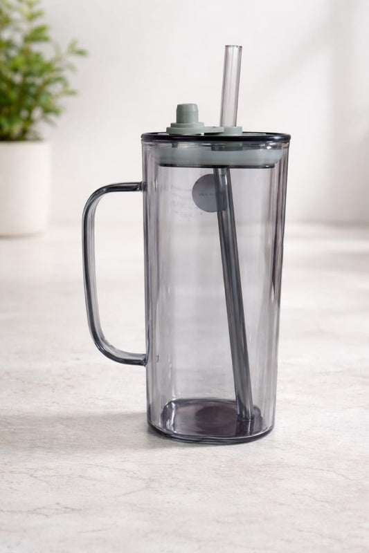 “Clear Acrylic Tumbler with Handle & Straw – Smoke Grey Reusable Iced Coffee / Juice / Smoothie Cup for Home, Office & Travel”