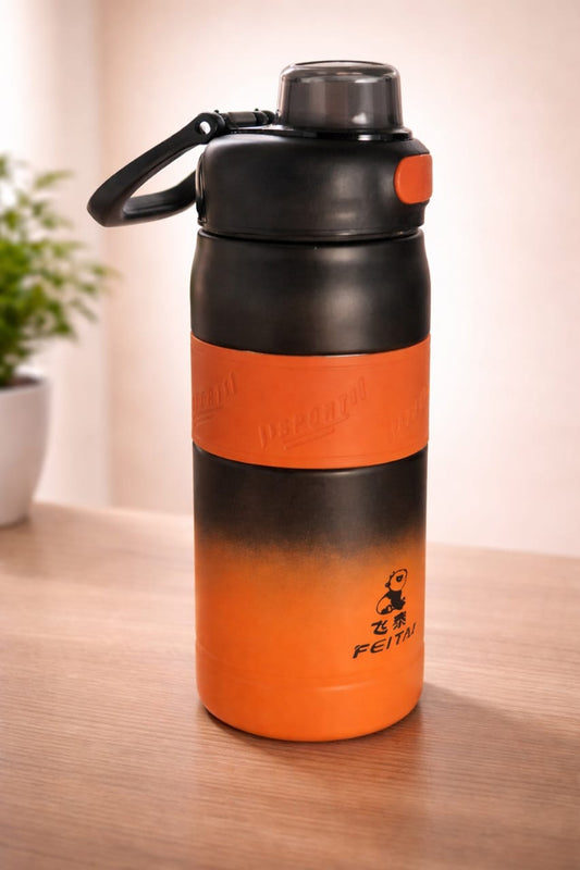 “Sports Water Bottle with Straw & Carry Handle – Black & Orange Leak‑Proof Sipper for Gym, Travel, School & Office”