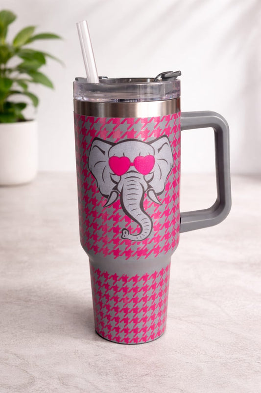 “Cute Elephant Printed Insulated Stainless Steel Travel Tumbler with Handle & Straw – Pink Leak‑Proof Coffee Cup for Hot & Cold Drinks, Car & Office Use”