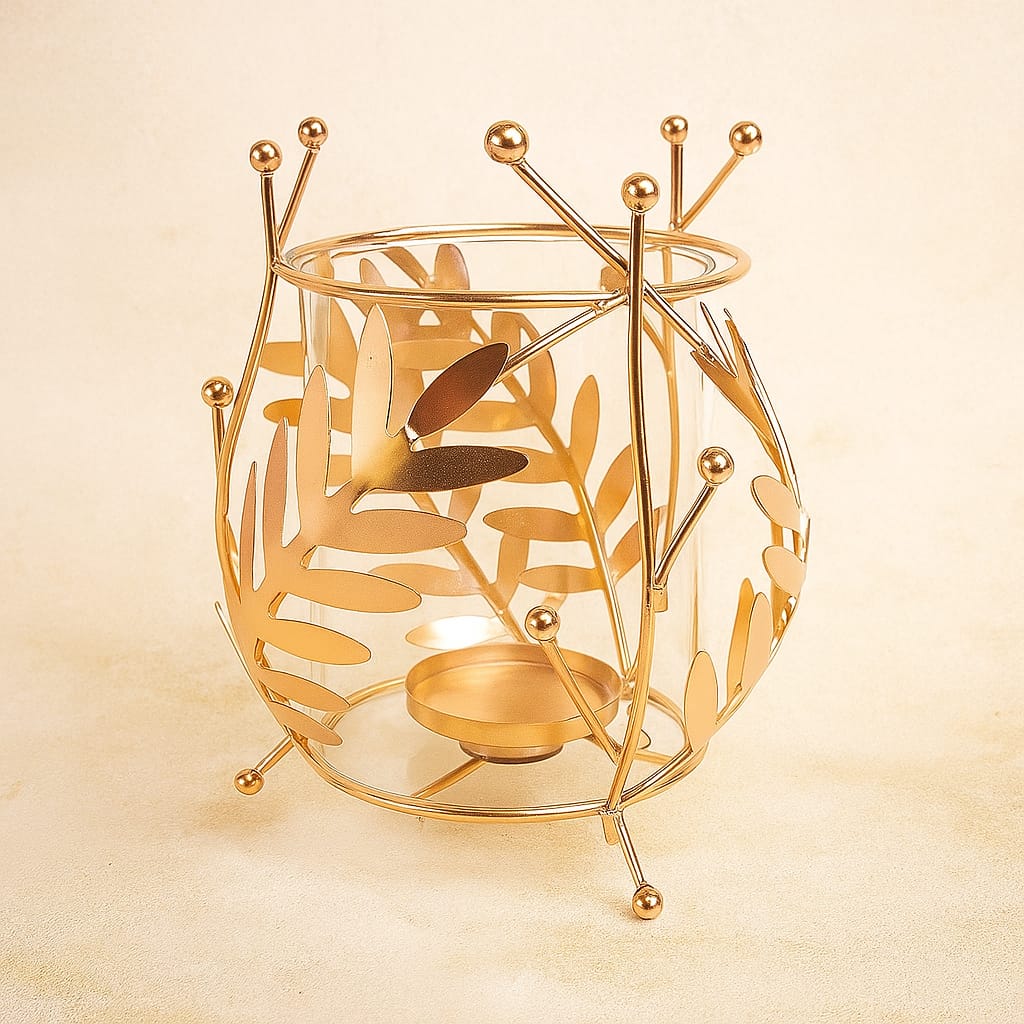 Golden Leaf Tealight Candle Holder – Decorative Glass & Metal Lantern