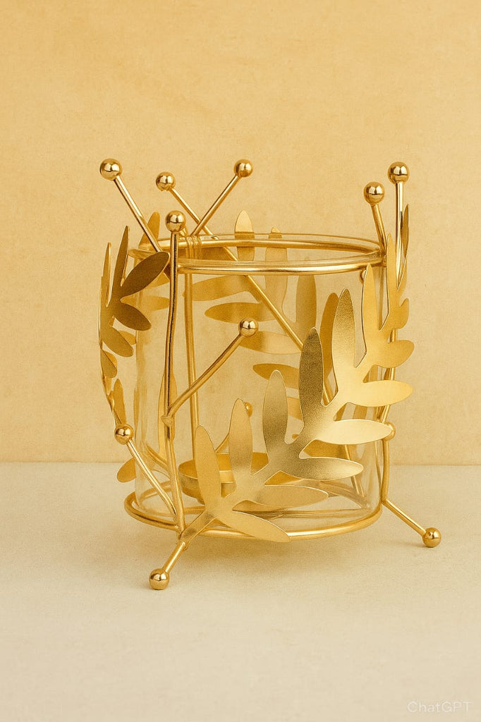 Golden Leaf Tealight Candle Holder – Decorative Glass & Metal Lantern