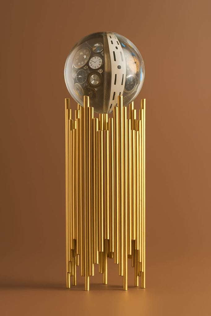 Luxury Kinetic Gear Globe Sculpture – Crystal Sphere on Golden Pipe Pedestal