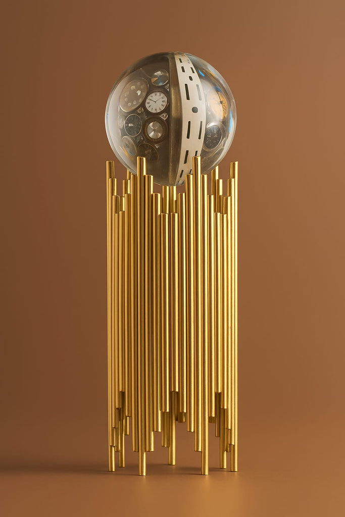 Modern Luxe Time Capsule Sculpture – Gold Metallic Art Piece with Spherical Clock Design