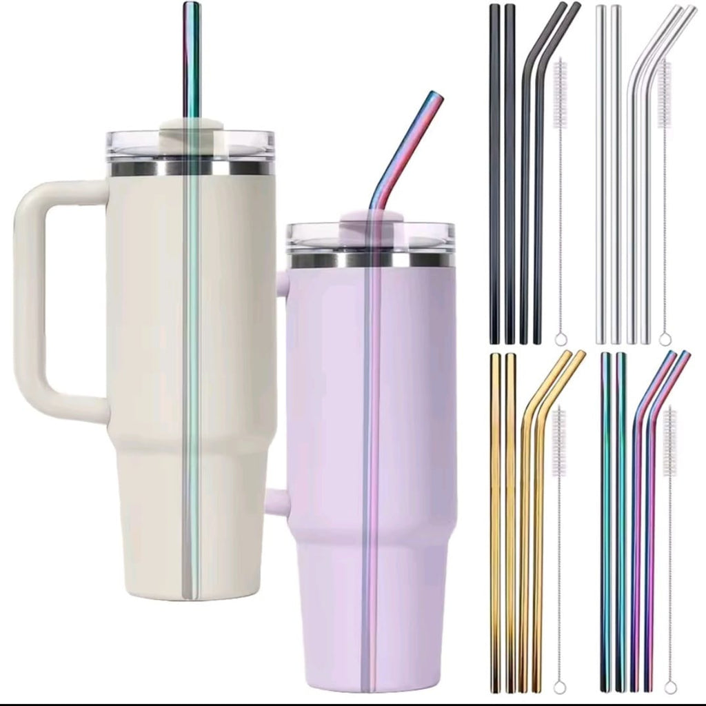 Premium Rainbow Stainless Steel Reusable Drinking Straws – Set of 4 with Cleaning Brush for Smoothies, Juices & Cold Beverages